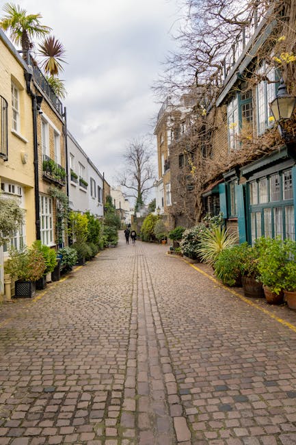 A narrow cobblestone street lined with residential buildings on both sides, featuring a variety of architectural styles and exterior finishes. On the left, a light-colored, smooth-finished building with large windows and small potted plants arranged along the base of the wall. On the right, an older building with dark brick walls and blue-painted timber-framed sections, partially overgrown with climbing plants and leafless tree branches extending above. The sidewalk area is cluttered with an assortment of potted plants displaying different foliage and textures, adding greenery to the scene. In the background, a pair of pedestrians walk along the street, which is illuminated by diffuse daylight from a cloudy sky, creating a neutral and calm atmosphere. The scene suggests a quiet, private residential area, potentially suitable for services like private rubbish collection or on-site clearance arranged through independent waste handling providers such as Rubbish clearance Knightsbridge, with no immediate visible waste or rubbish in the scene itself.